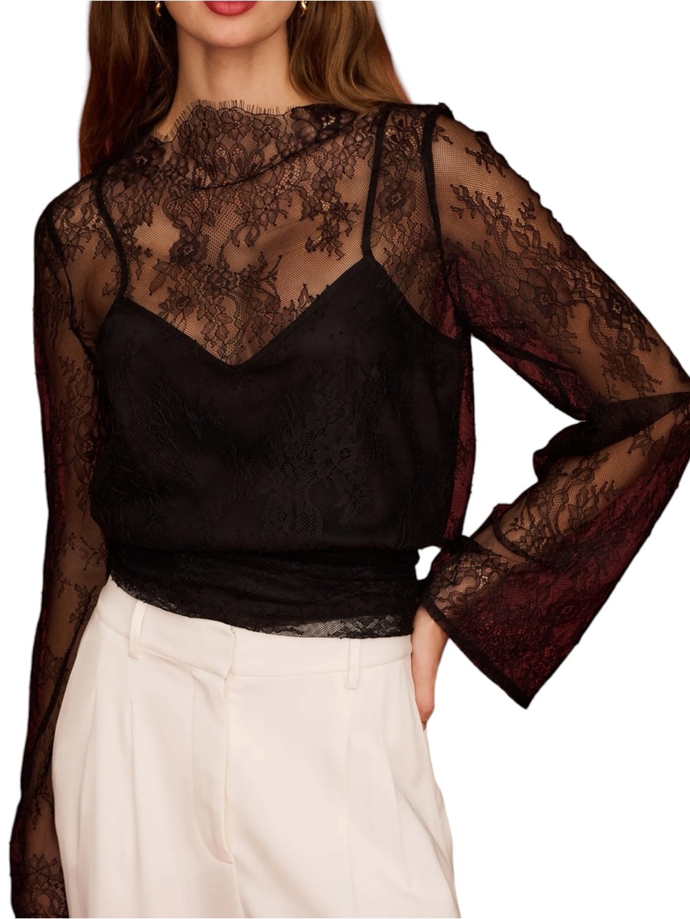 Few Moda o.p.t. Salome Top Sheer Black Lace Mock-Neck Blouse NWT